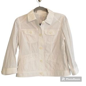 NWT Chico’s Diane Eyelet Mix 3/4 Sleeves Button Up Jacket SZ 0 Small Optic White